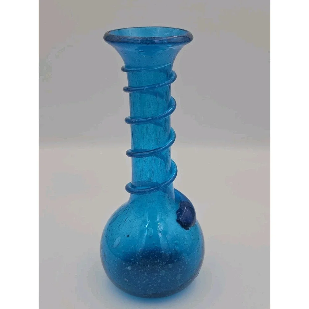 Transparent Bubbled Blue Hand Blown Art Glass Coiling Swirl 7½ Tall Vase